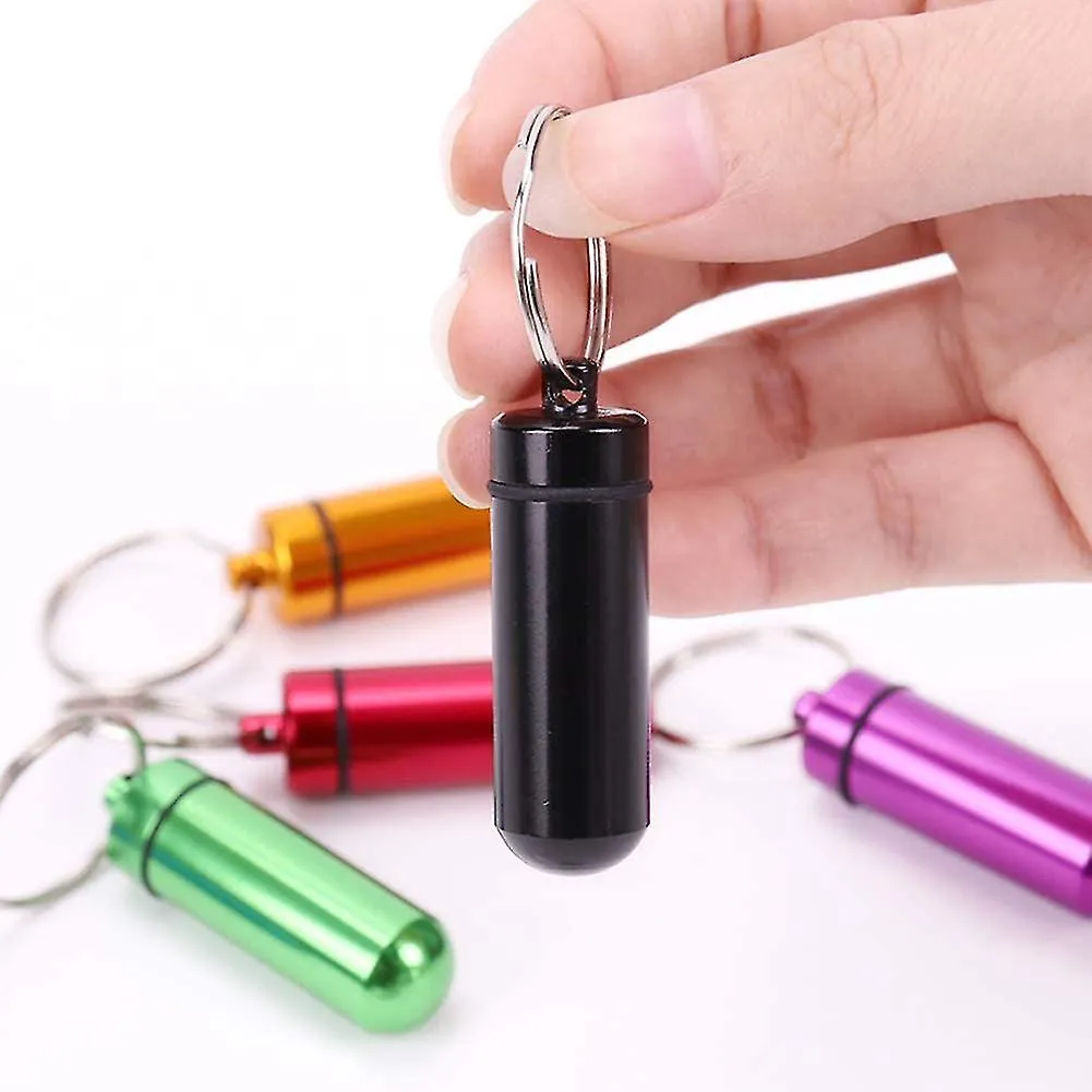 2 Pcs Colorful Round Aluminum Alloy Pill Bottle, Emergency Jar, Waterproof Outdoor Travel Portable Pill Bottle Key Chain (balck)