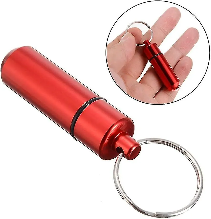 2 Pcs Colorful Round Aluminum Alloy Pill Bottle, Emergency Jar, Waterproof Outdoor Travel Portable Pill Bottle Key Chain (red)