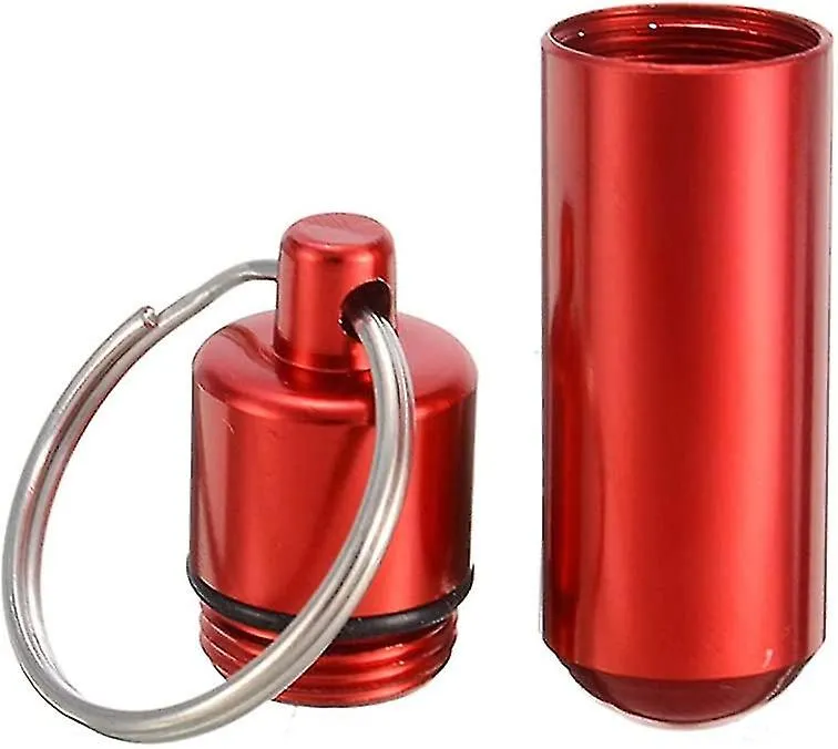 2 Pcs Colorful Round Aluminum Alloy Pill Bottle, Emergency Jar, Waterproof Outdoor Travel Portable Pill Bottle Key Chain (red)