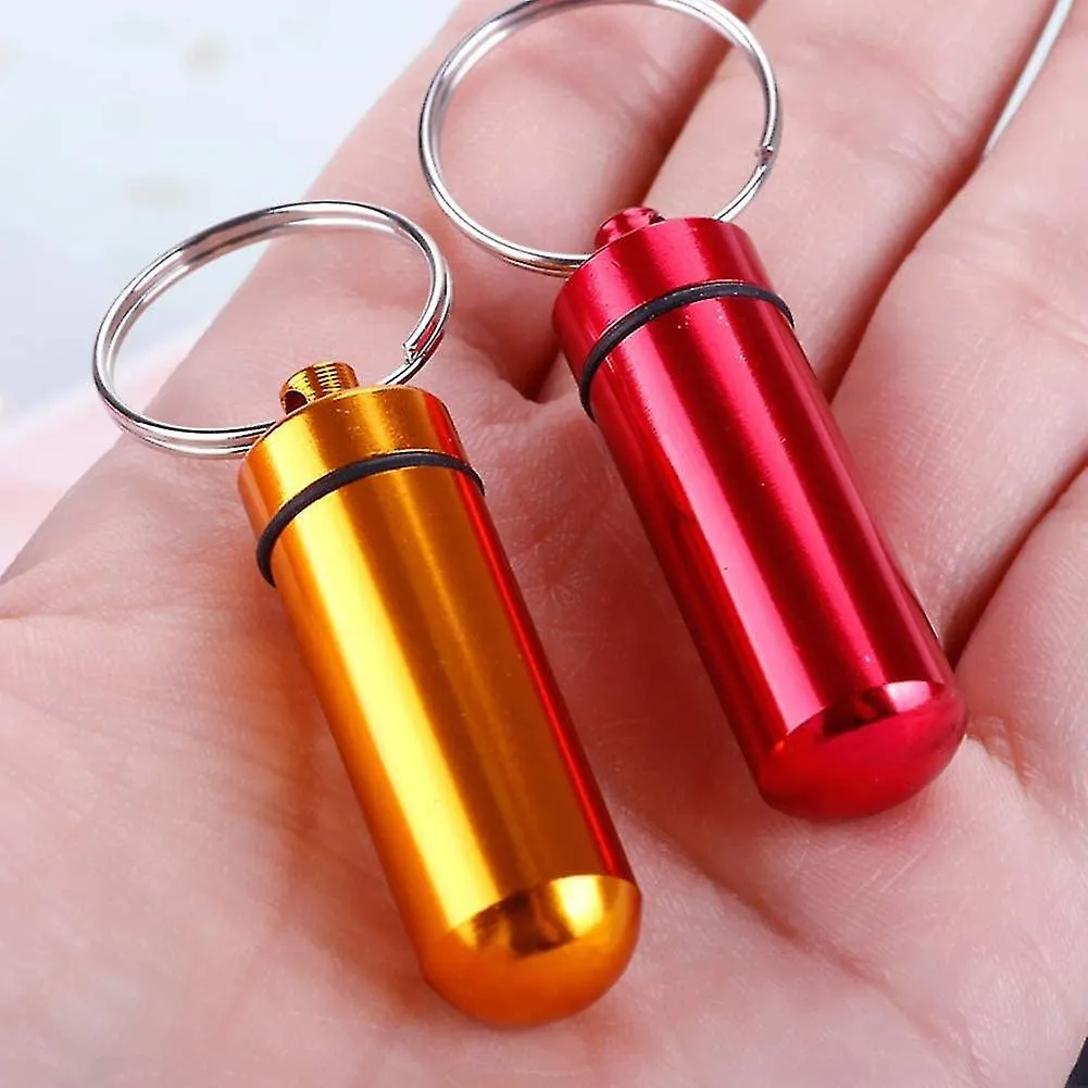 2 Pcs Colorful Round Aluminum Alloy Pill Bottle, Emergency Jar, Waterproof Outdoor Travel Portable Pill Bottle Key Chain (red)