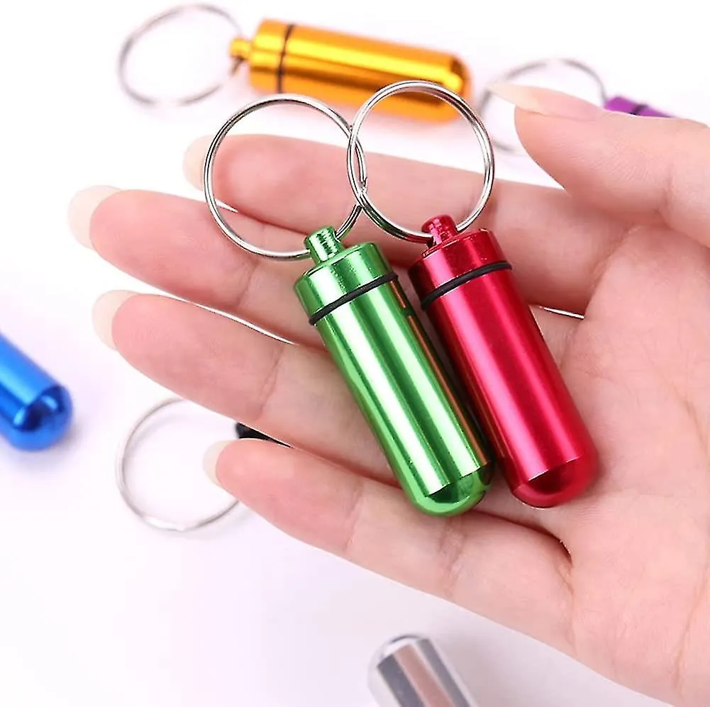 2 Pcs Colorful Round Aluminum Alloy Pill Bottle, Emergency Jar, Waterproof Outdoor Travel Portable Pill Bottle Key Chain (red)