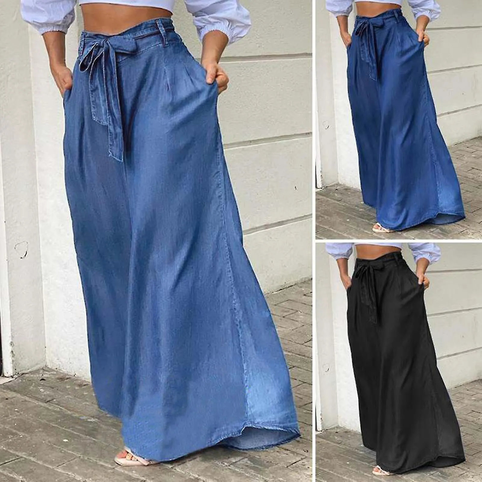 Elegant Lace-up Denim High-Waisted Wide-Leg Pants Breathable Versatile Sweatpants for Indoor Outdoor