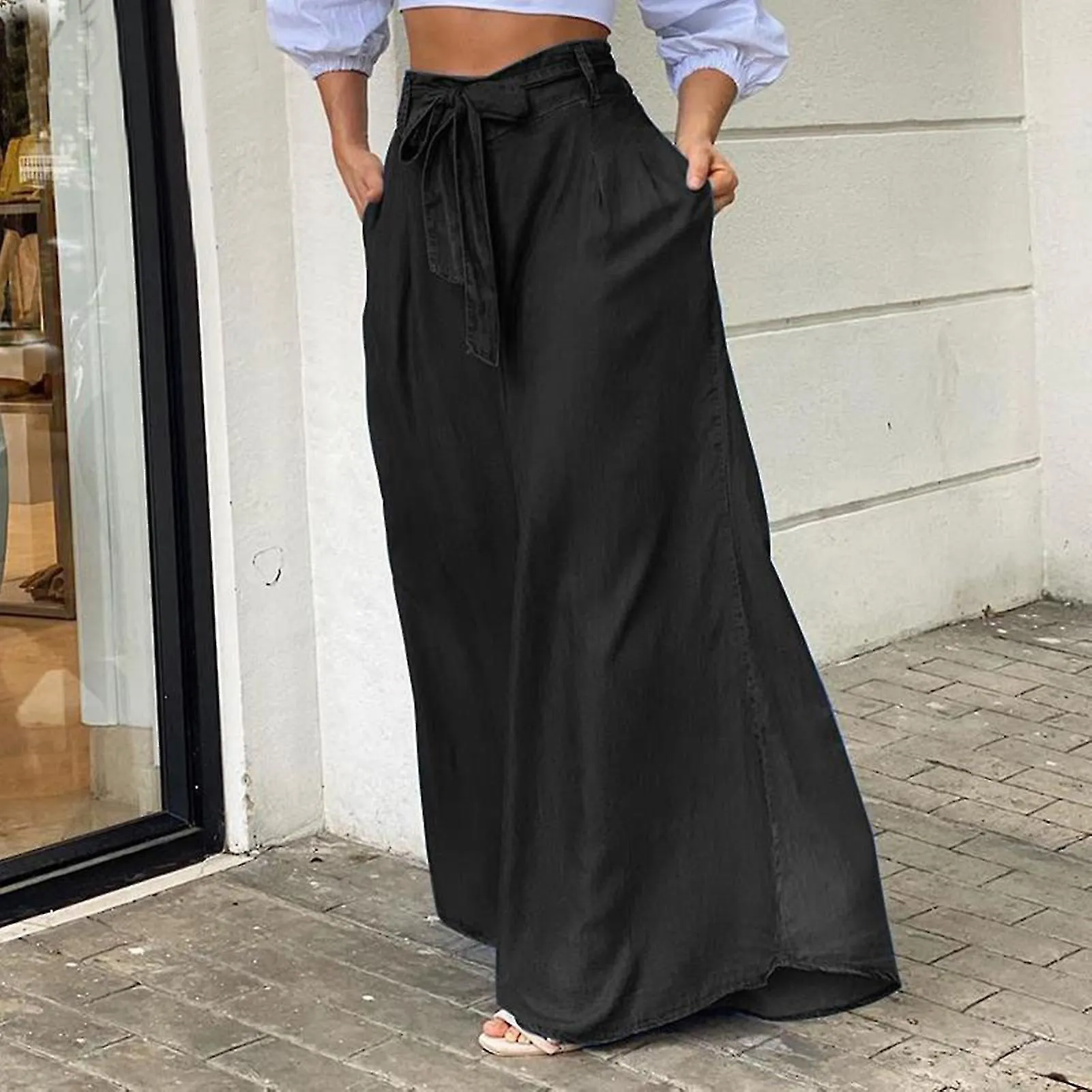 Elegant Lace-up Denim High-Waisted Wide-Leg Pants Breathable Versatile Sweatpants for Indoor Outdoor