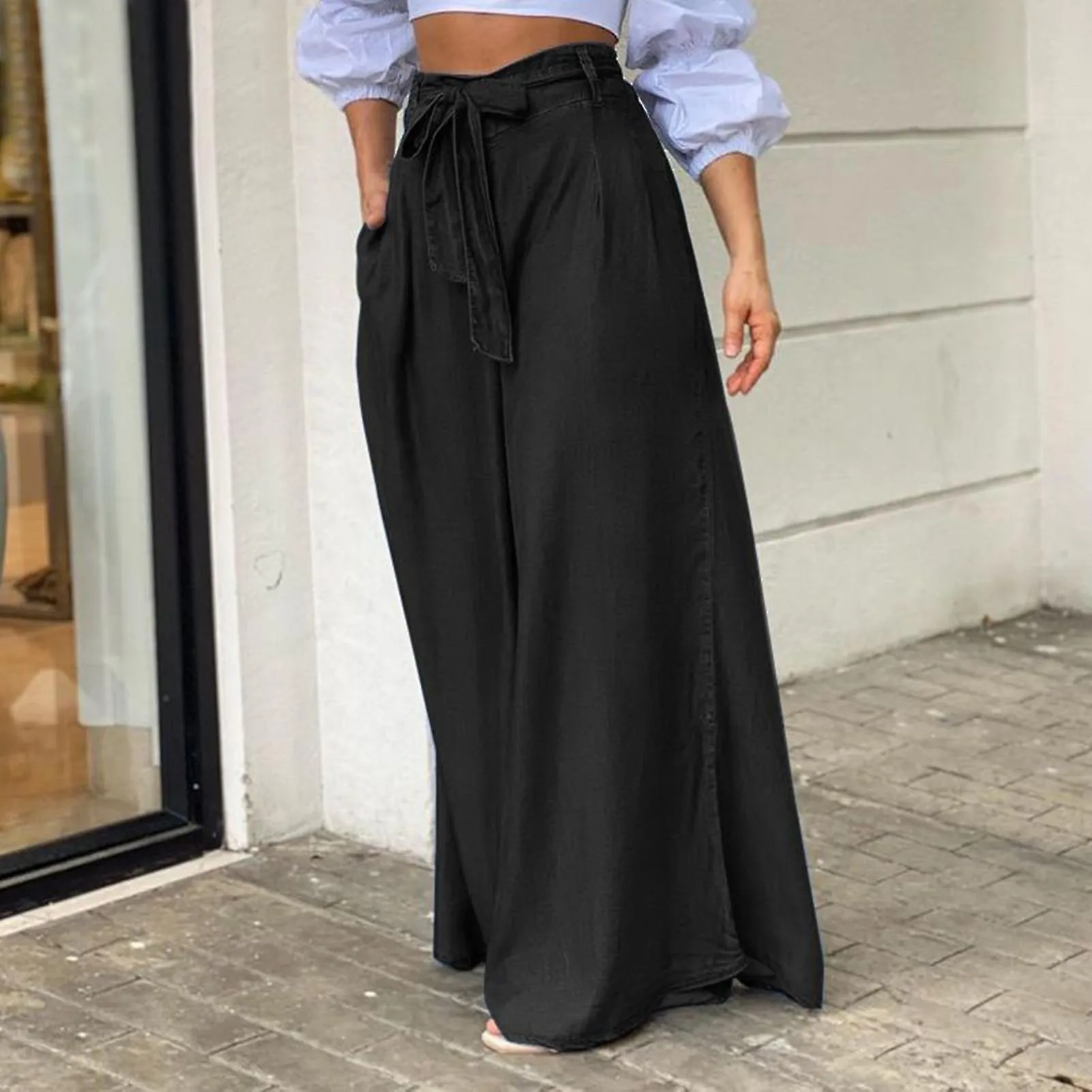 Elegant Lace-up Denim High-Waisted Wide-Leg Pants Breathable Versatile Sweatpants for Indoor Outdoor