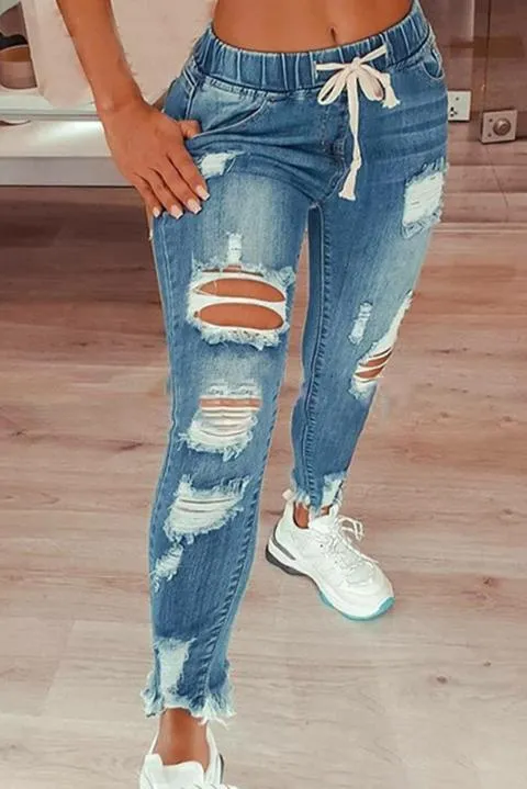 Jeans ajustados con cintura alta y aberturas Stefana, azul cielo