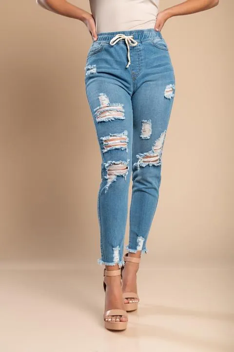 Jeans ajustados con cintura alta y aberturas Stefana, azul cielo