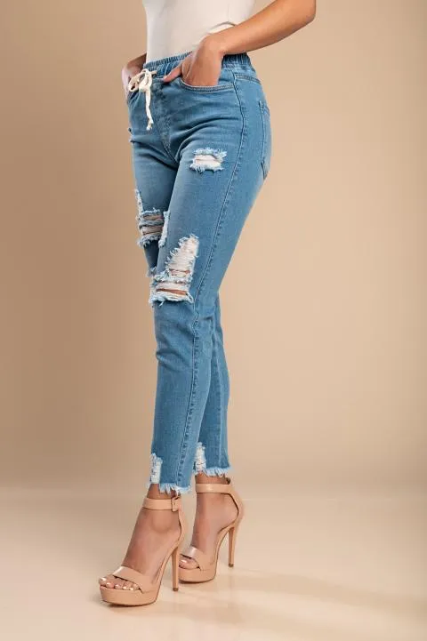 Jeans ajustados con cintura alta y aberturas Stefana, azul cielo