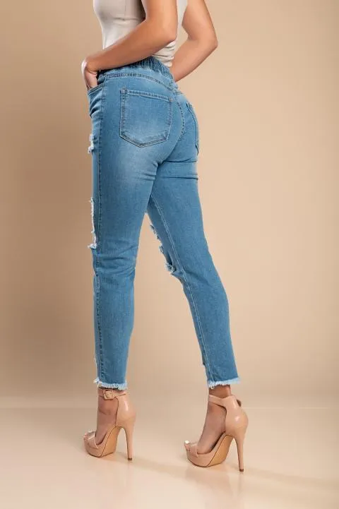 Jeans ajustados con cintura alta y aberturas Stefana, azul cielo