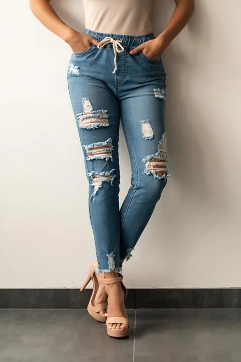 Jeans ajustados con cintura alta y aberturas Stefana, azul cielo