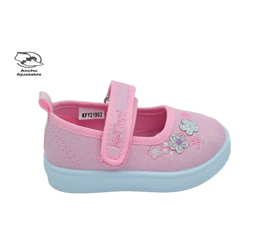 PLAYERA NIÑA MERCEDES KFY21902 VELCRO ROSA ZAPATILLA BARATA BORDADO FLORES