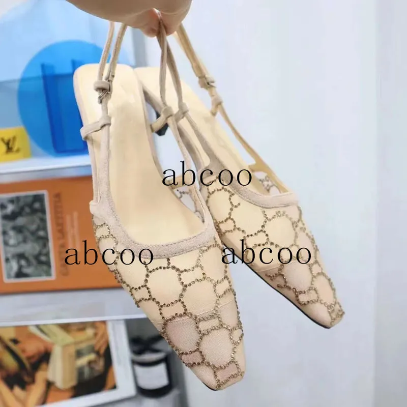 Sandalias de diseñador zapatos de vestir tacones con tacones altos de encaje de tacón de corte bajo, malla negra con cristales, 