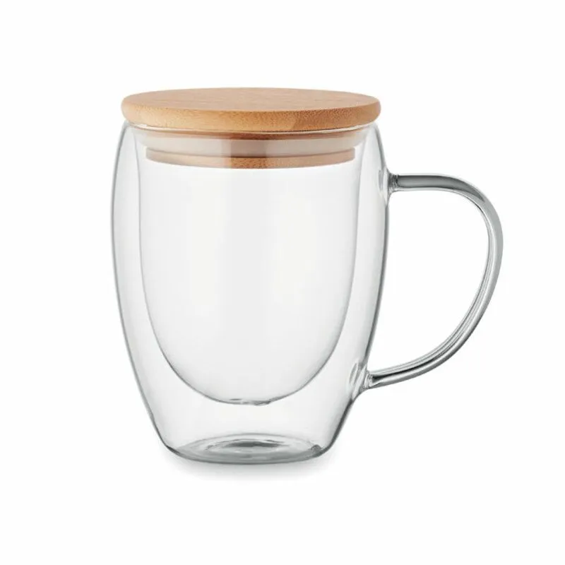 Taza de vidrio de doble pared con tapa 250 ml. Tiral