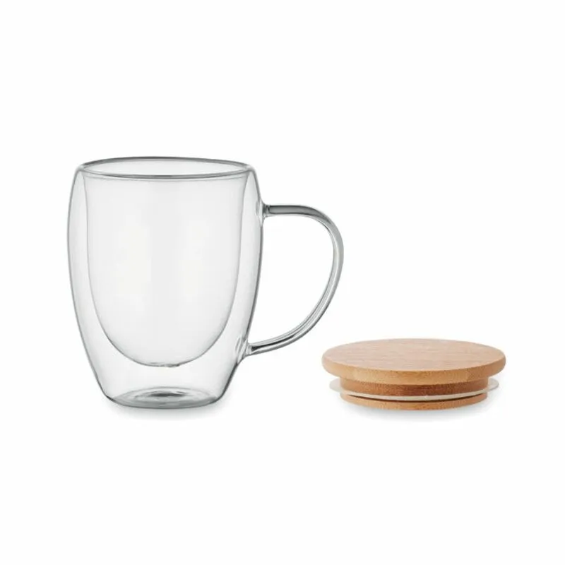 Taza de vidrio de doble pared con tapa 250 ml. Tiral