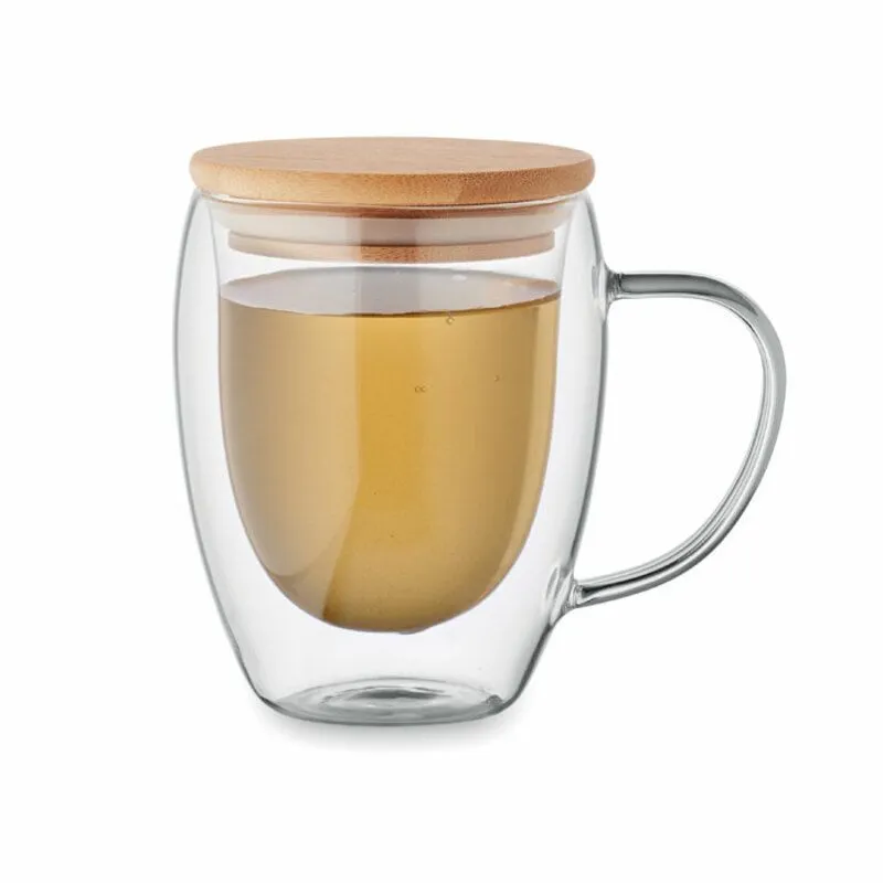 Taza de vidrio de doble pared con tapa 250 ml. Tiral