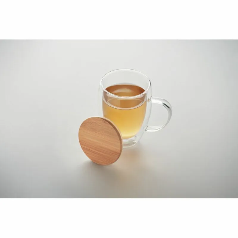 Taza de vidrio de doble pared con tapa 250 ml. Tiral