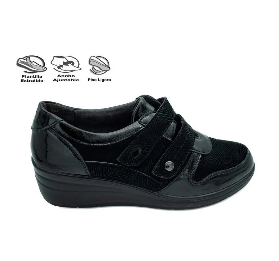 ZAPATO DOBLE VELCRO COMBINADO CHAROL NEGRO CÓMODO PLANTILLA EXTRAÍBLE