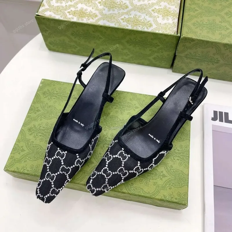 Zapatos de vestir Sandalias Slingback Zapatos de diseño con cordones de corte poco profundo Tacón medio Malla negra con cristale