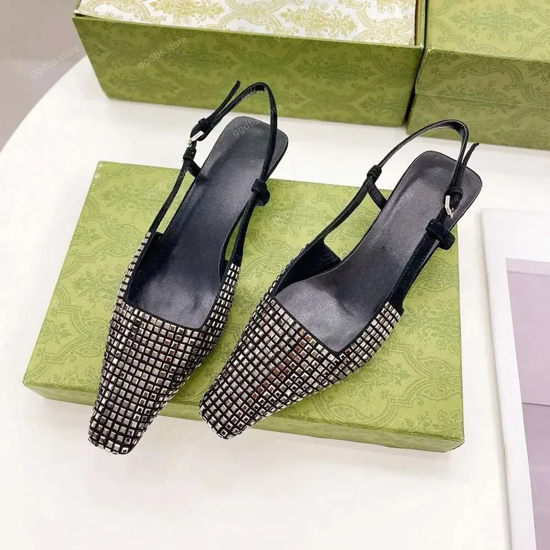 Zapatos de vestir Sandalias Slingback Zapatos de diseño con cordones de corte poco profundo Tacón medio Malla negra con cristale